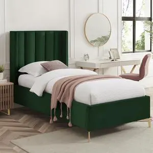 Inspired Home Kristofer Platform Bed - Upholstered | Wingback Channel Tufted Headboard, Oblique Legs, Green Velvet
