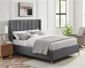 Inspired Home Kristofer Platform Bed - Upholstered | Wingback Channel Tufted Headboard, Oblique Legs, Grey Linen