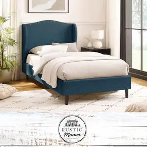 Rustic Manor Averee Platform Bed - Upholstered | Wingback Headboard, Nailhead Trim, Navy Linen