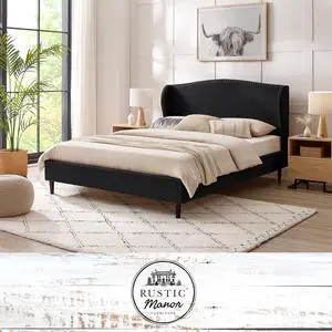 Rustic Manor Averee Platform Bed - Upholstered | Wingback Headboard, Nailhead Trim, Charcoal Linen