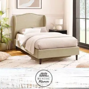 Rustic Manor Averee Platform Bed - Upholstered | Wingback Headboard, Nailhead Trim, Beige Linen