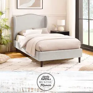 Rustic Manor Averee Platform Bed - Upholstered | Wingback Headboard, Nailhead Trim, Cream White Linen