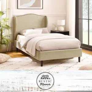 Rustic Manor Averee Platform Bed - Upholstered | Wingback Headboard, Nailhead Trim, Beige Linen