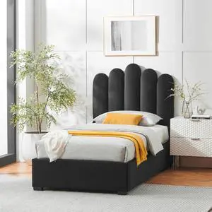 Inspired Home Macario Platform Bed - storage compartment,upholstered | space-saving lift-up design, Black Velvet