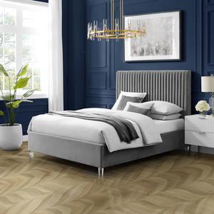 Inspired Home Matix Platform Bed - upholstered, deep channel tufted design | clear acrylic legs, Grey Velvet