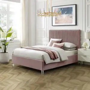 Inspired Home Matix Platform Bed - upholstered, deep channel tufted design | clear acrylic legs, Pink Velvet