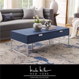 Nicole Miller Calum Coffee Table - 2 Drawers | Brushed Chrome Base and Handles, Navy/Chrome Faux Shagreen