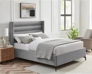 Inspired Home Laron Platform Bed - Upholstered | Wingback Channel Tufted Headboard, Oblique Legs, Light Grey Velvet