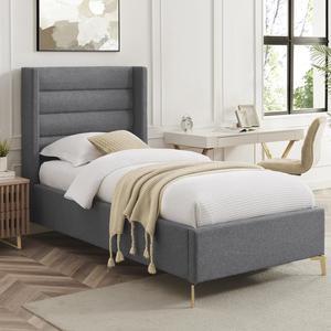 Inspired Home Laron Platform Bed - Upholstered | Wingback Channel Tufted Headboard, Oblique Legs, Grey Linen