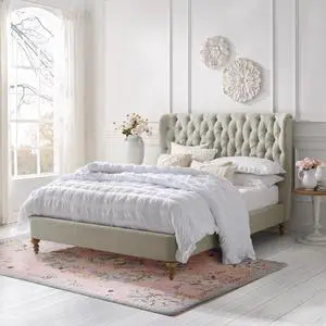 Rustic Manor Chace Bed - Rolled Top Button Tufted | Nailhead Trim, Beige Linen
