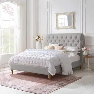 Rustic Manor Chace Bed - Rolled Top Button Tufted | Nailhead Trim, Grey Linen