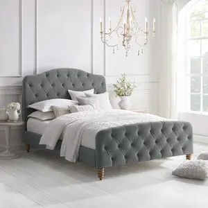 Rustic Manor Rodolfo Bed - Diamond Tufted Headboard and Footboard | Upholstered, Grey Velvet
