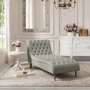 Rustic Manor Melani Chaise Lounge - Button Tufted | Front Wheel Casters, Grey Linen