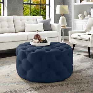 Inspired Home Jenelle Cocktail Ottoman - Tufted Allover | Castered Legs, Navy Linen