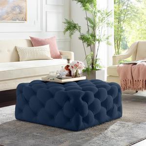 Inspired Home Dustin Cocktail Ottoman - Tufted Allover | Castered Legs, Navy Linen