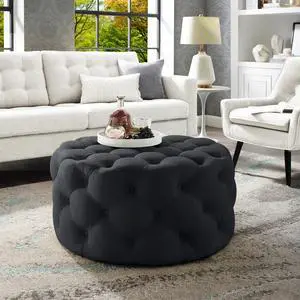 Inspired Home Jenelle Cocktail Ottoman - Tufted Allover | Castered Legs, Black Linen