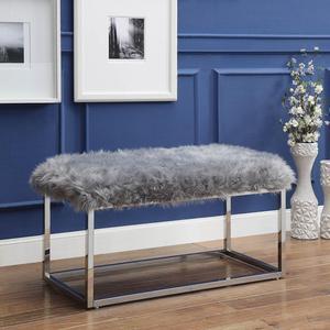 Paul Grey Faux Fur Bench - Chrome Frame | Ottoman | Living Room, Entryway, Bedroom | Inspired Home