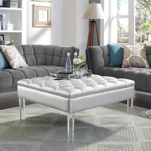 Spade Silver PU Leather Ottoman - Oversized | Button Tufted | Nailhead Trim | Acrylic Legs | Inspired Home