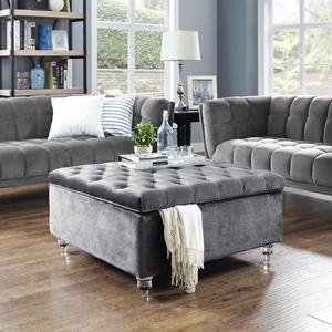 Hugo Grey Velvet Storage Ottoman - Oversized Cocktail Coffee Table | Square | Tufted | Lucite Legs | Inspired Home