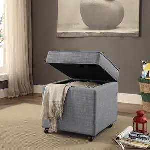 Elton Light Grey Linen Cube Ottoman - Hidden Storage | Castered Legs | Modern and Contemporary | Inspired Home