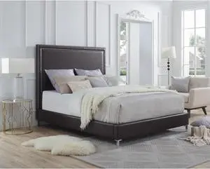 Mansfield Espresso Leather Platform Bedframe - King Size | Nailhead | Modern and Contemporary | Inspired Home