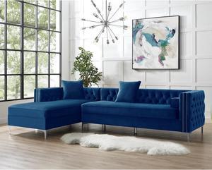 Lorenzo Navy Blue Chaise Sectional Sofa - 115" Left Facing | Velvet Tufted | Storage | Metal Legs | Inspired Home