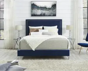 Mansfield Blue Velvet Platform Bedframe - King Size | Nailhead Trim | Modern and Contemporary | Inspired Home