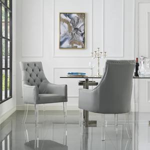 Natalie Grey Dining Chair – PU Leather | Set of 2 | Button Tufted | Nailhead Trim | Acrylic Legs | Inspired Home