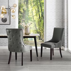 Balthazar Grey Leather PU Dining Chair - Set of 2 | Back Tufted | Nailhead Trim Finish