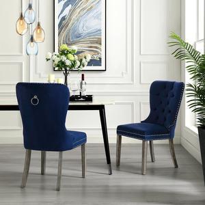 Duncan Navy Blue Velvet Dining Chair - Set of 2 | Tufted | Ring Handle | Chrome Nailhead Trim