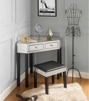 Indra Black Mirrored Corner Vanity Set - 2 Drawers | 2 Pieces | Vanity with Stool