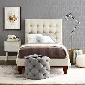 Georges Beige Linen Platform Bedframe - Full Size | Button Tufted | Upholstered | Modern and Contemporary | Inspired Home