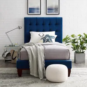 Georges Navy Velvet Platform Bedframe - Full Size | Button Tufted | Upholstered | Modern and Contemporary | Inspired Home