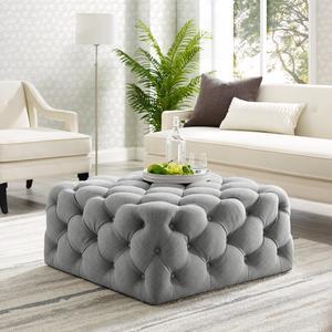 Dustin Light Grey Linen Cocktail Ottoman - Allover Tufted | Square | Castered Legs | Inspired Home