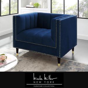 Karena Navy Blue Velvet Club Chair or Sofa - Channel Tufted | Gold Nailhead Trim | Metal Tip Legs | By Nicole Miller