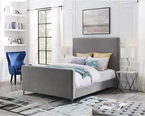 Montgomery Grey Velvet Platform Bedframe - Queen Size | Upholstered | Modern and Contemporary | Inspired Home