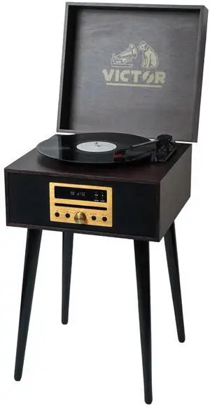 Victor Newbury 8-in-1 Music Center w Chair-Height Legs, USB Slot & AM FM Radio Espresso