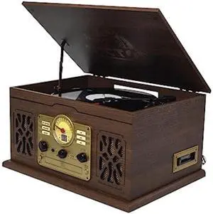 Victor State 7-in-1 Wood Music Center with 3-Speed Turntable and Dual Bluetooth Brown