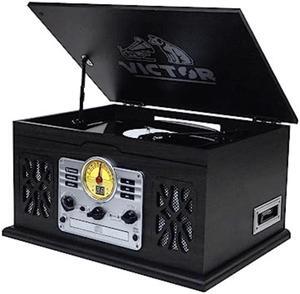 Victor State 7-in-1 Wood Music Center with 3-Speed Turntable and Dual Bluetooth Gray