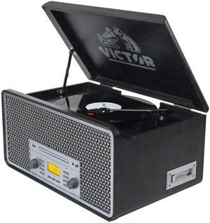 Victor Monument 8-in-1 Wood Music Center with 3-Speed Turntable & Dual Bluetooth Gray