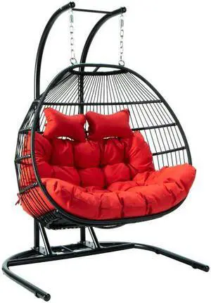 LeisureMod Wicker 2 Person Double Folding Hanging Egg Swing Chair in Red
