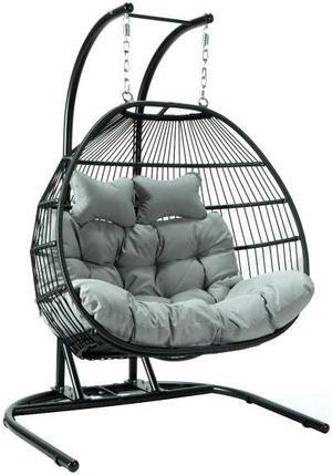 LeisureMod Wicker 2 Person Double Folding Hanging Egg Swing Chair in Light Grey
