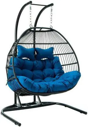 LeisureMod Wicker 2 Person Double Folding Hanging Egg Swing Chair in Blue