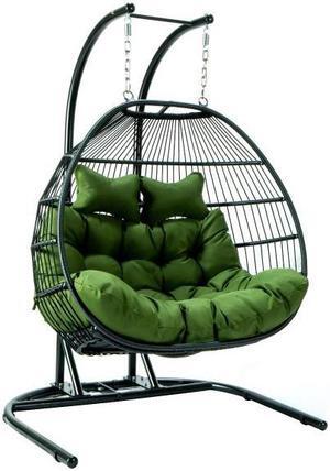 LeisureMod Wicker 2 Person Double Folding Hanging Egg Swing Chair in Dark Green