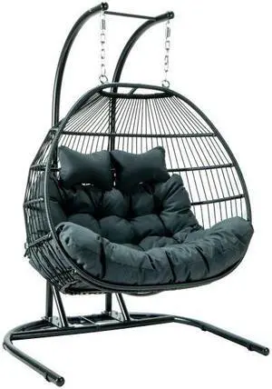 LeisureMod Wicker 2 Person Double Folding Hanging Egg Swing Chair in Charcoal