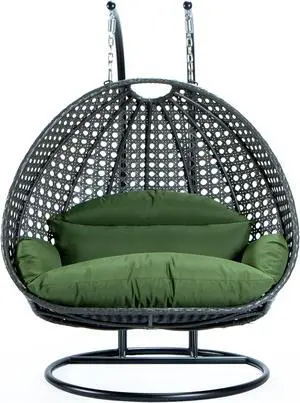 LeisureMod Charcoal Wicker 2 person Double Hanging Egg Swing Chair in Dark Green