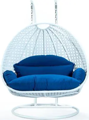 LeisureMod White Wicker 2 person Double Hanging Egg Swing Chair in Blue