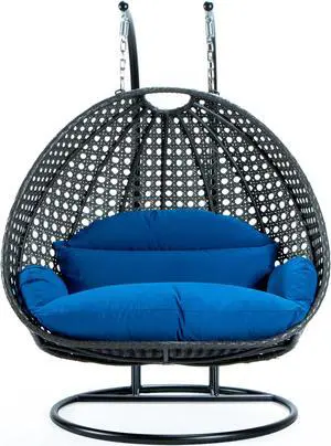 LeisureMod Charcoal Wicker 2 person Double Hanging Egg Swing Chair in Blue