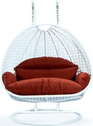 LeisureMod White Wicker 2 person Double Hanging Egg Swing Chair in Dark Orange
