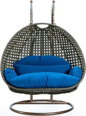 LeisureMod Beige Wicker 2 person Double Hanging Egg Swing Chair in Blue